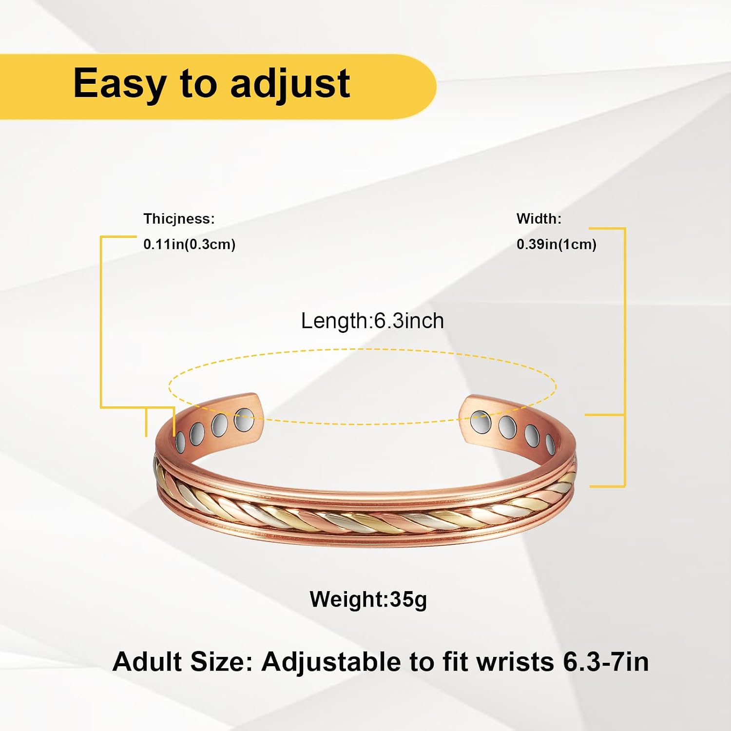 Copper Bracelets for Women Men, Three -Color Gold Woven Adjustable Magnetic Bracelet, Copper Jewelry Gift (1009)