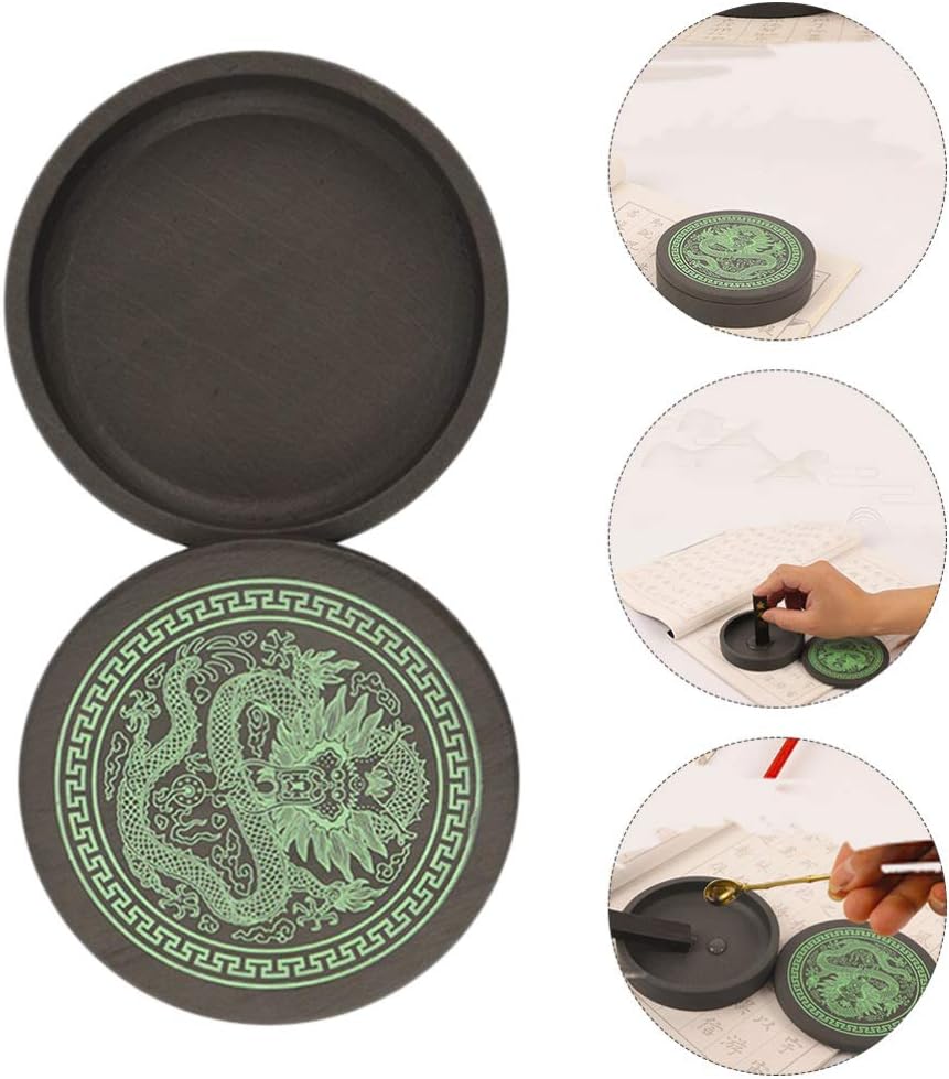 TOYANDONA 1set Premium Inkstone Traditional Chinese Calligraphy Sumi Ink Grinding Lid Durable Qinglong Design for Beginners and Students