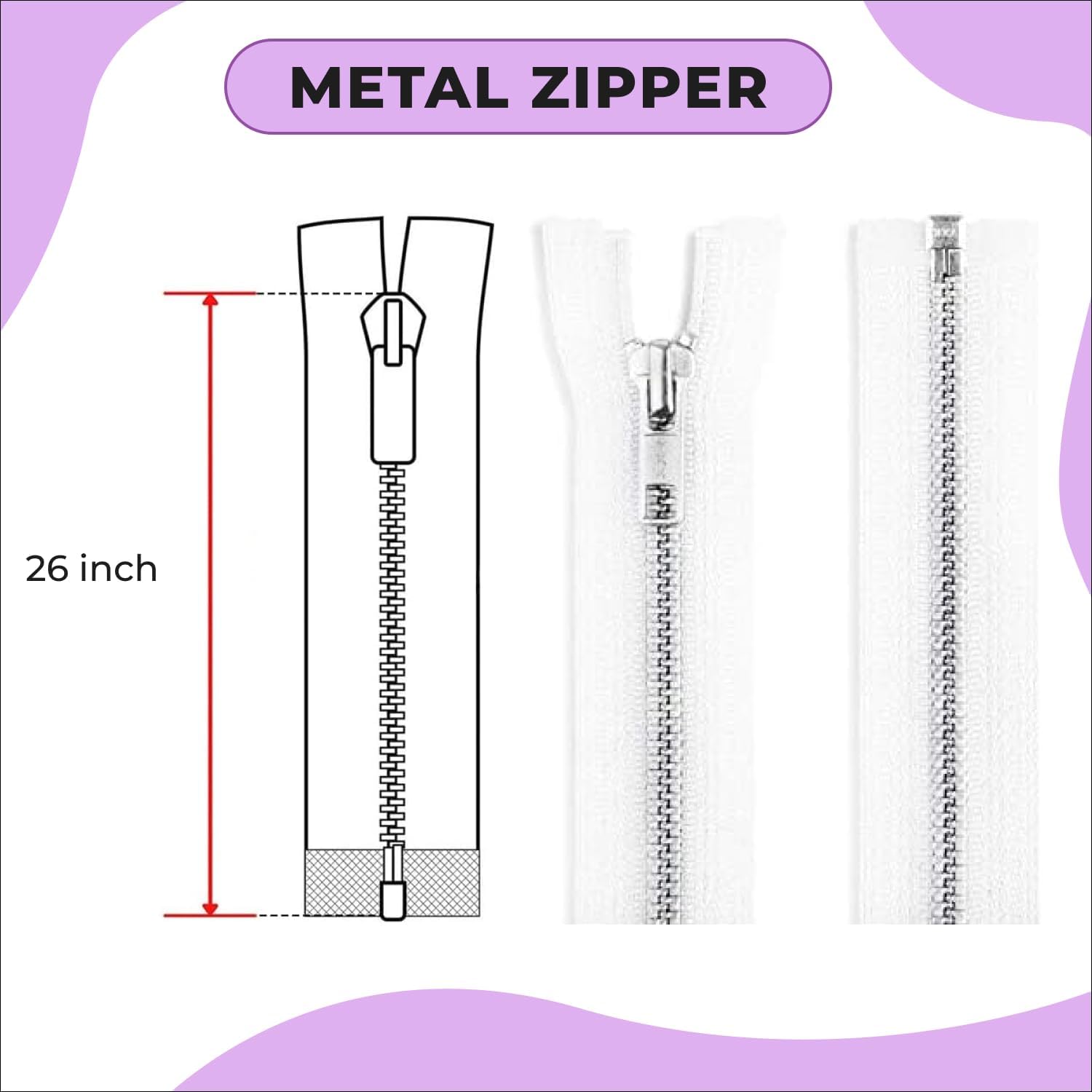 26" Silver Metal Heavy Duty Separating Sewing Zippers