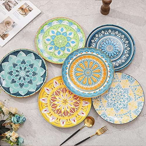 AHX Zestaw talerzy obiadowych, 25 cm, duże porcelanowe okrągłe talerze, zestawy 6 sztuk, płaskie talerze do jadalni z kolorowym wzorem do kuchni, dla rodziny, zmywarki, kuchenki mikrofalowej, do