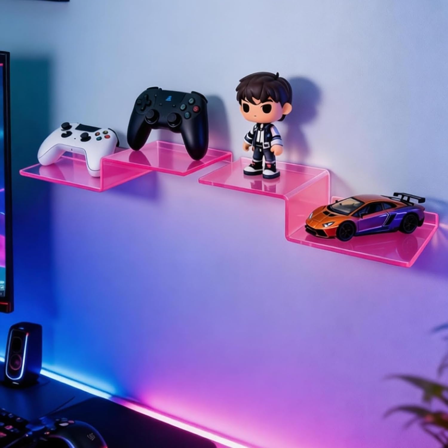 SetGame 2-Pack Acrylic Shelves Z-Shaped Display Stand Wall Mounted, 12 Inch Wall Storage Organizer for Toys, Books, Plants, Photos Album, Suit for Office, Living Room, Room Decor (Neon Pink)