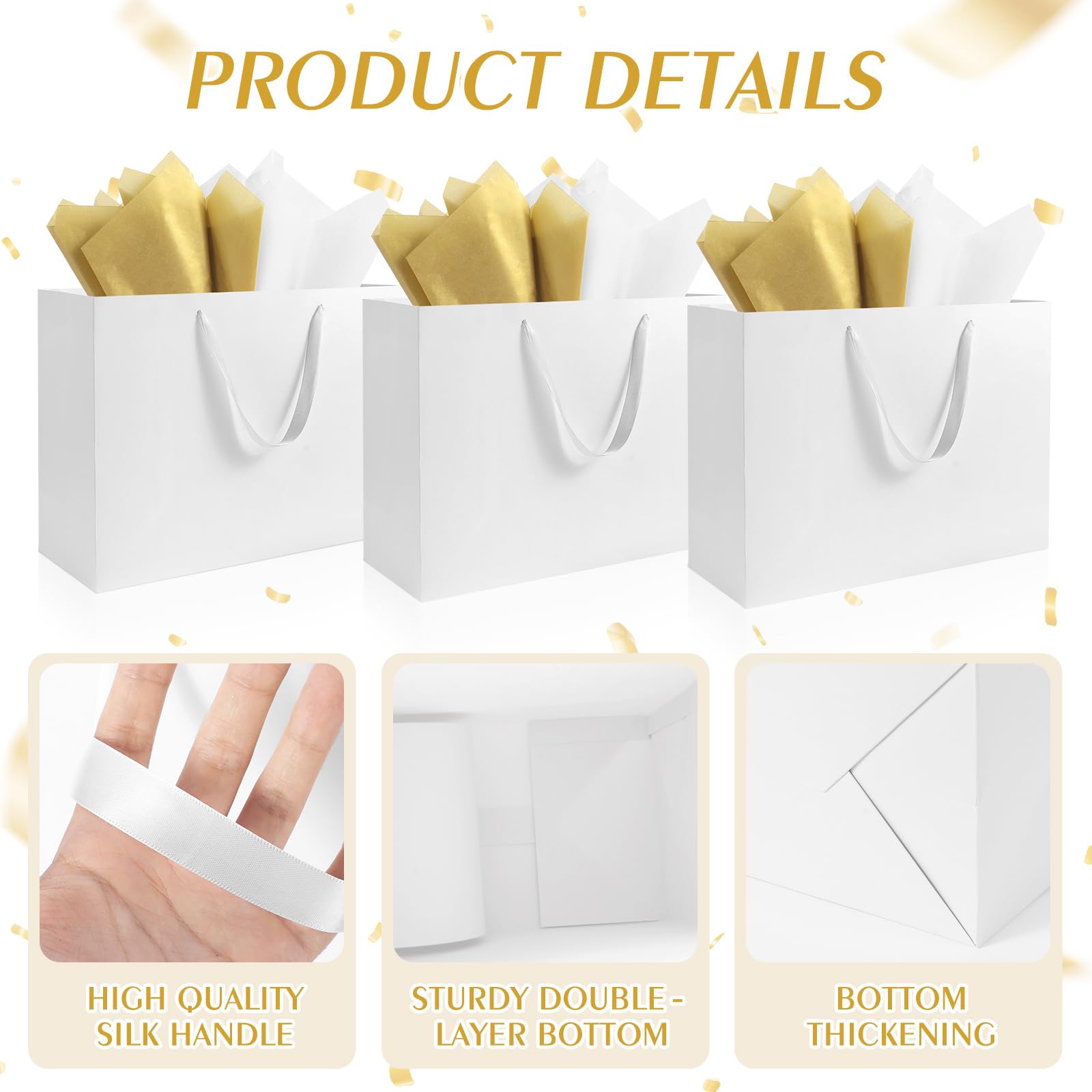 Ethhqu 3 Pack Extra Large White Gift Bags with Handles, 16x6x12 Inches - Includes 6 Tissue Papers for Birthday, Wedding, Shopping Business, Thanksgiving, Christmas&Holiday (White Extra Large-3 Pcs)