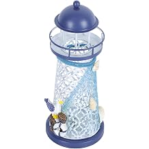 Uonlytech Mediterranean Lighthouse Candle Holder Blue Iron Candlestick Ornament Coastal Home Decoration Nautical Desktop Decor 7.08X2.95X2.95In