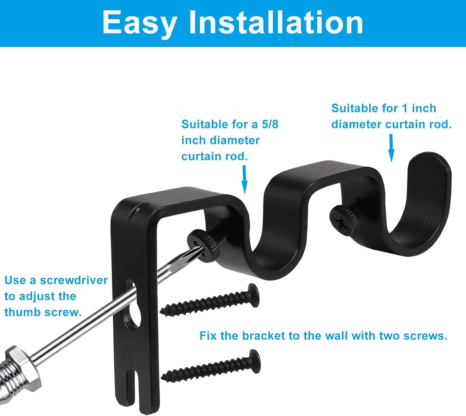 Bonsicoky 2 Pack Heavy Duty Double Curtain Rod Brackets - Adjustable Metal Rod Holders for 1" and 5/8" Rods, Adjustable Wall Mounted Holders for Living Spaces (Black)
