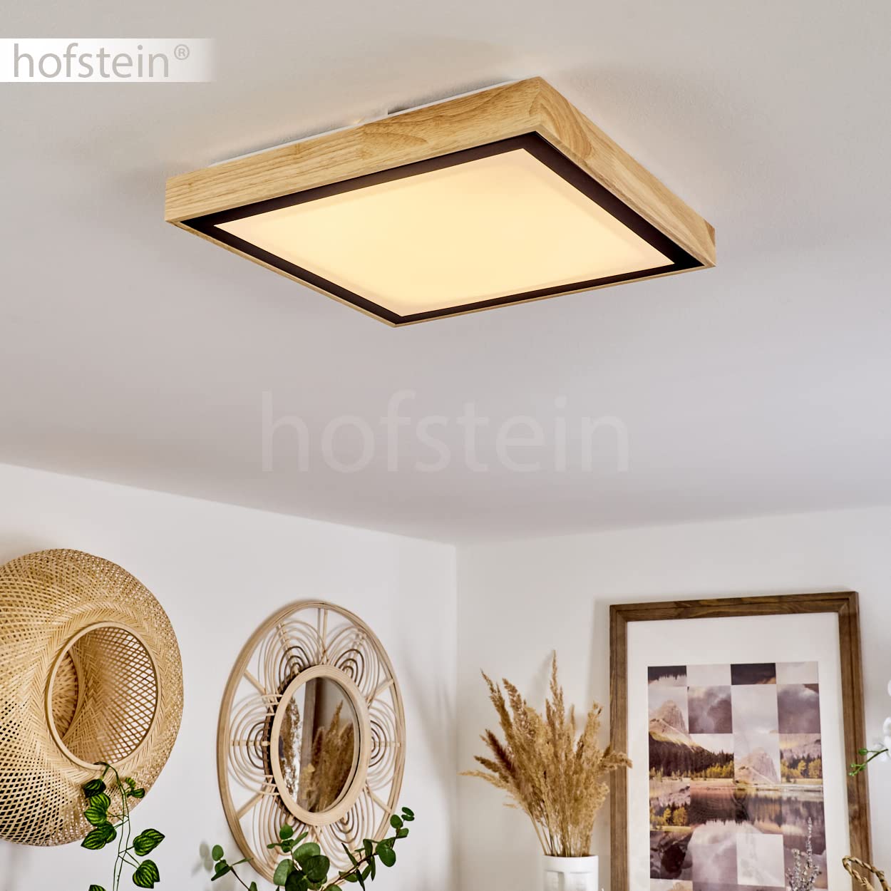Plafonnier LED Corinto, lampe en métal noir/bois naturel/plastique blanc, luminaire scandinave idéal dans un séjour modern, 18 Watt, 1820 Lumen, 3000 Kelvin