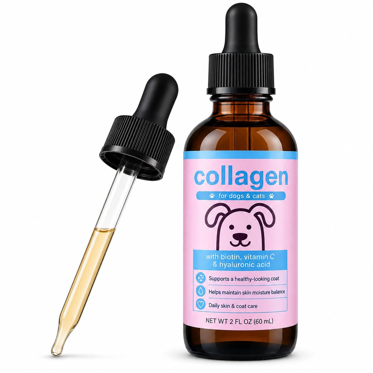 Liquid Collagen for Dogs & Cats – Grass-Fed Collagen Peptides with Biotin, Vitamin C & Hyaluronic Acid, Supports Skin & Coat Health