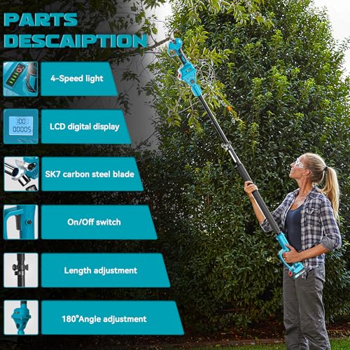 TOCiTAA Electric Pruning Shears Compatible with Makita Battery, Pruners for Gardening 1.5-2 Inch Cutting Diameter with 2 Pack 2.0Ah Batteries, Cordless 13ft. Pole Pruner with Pruning Blade