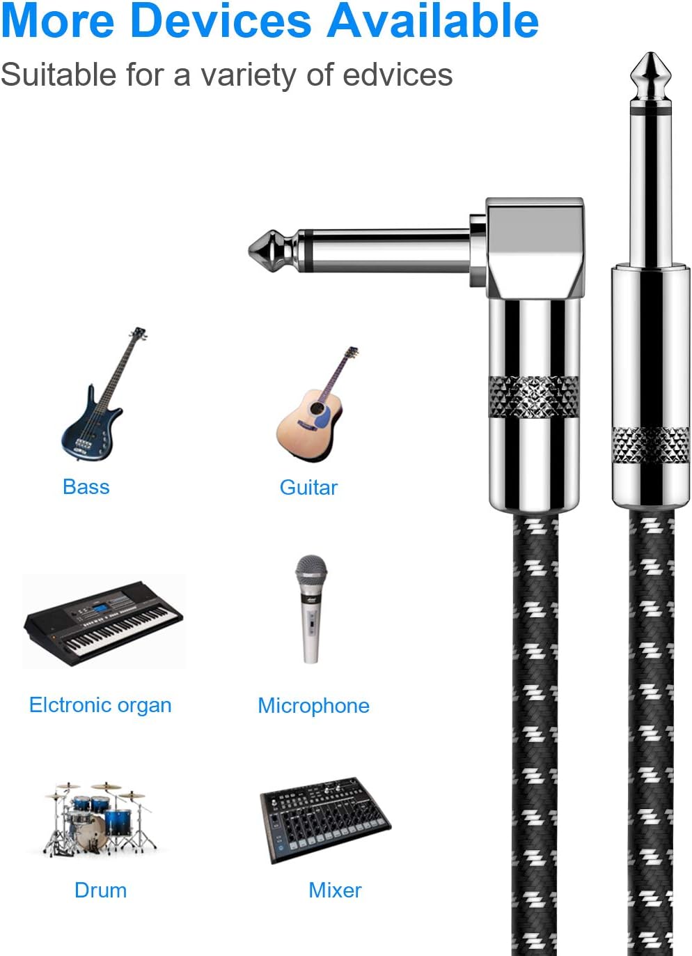 New Bee Guitar Cable 10 ft Electric Instrument Cable Bass AMP Cord 1/4 Right to Straight for Electric Guitar, Bass Guitar, Electric Mandolin, Pro Audio image 2