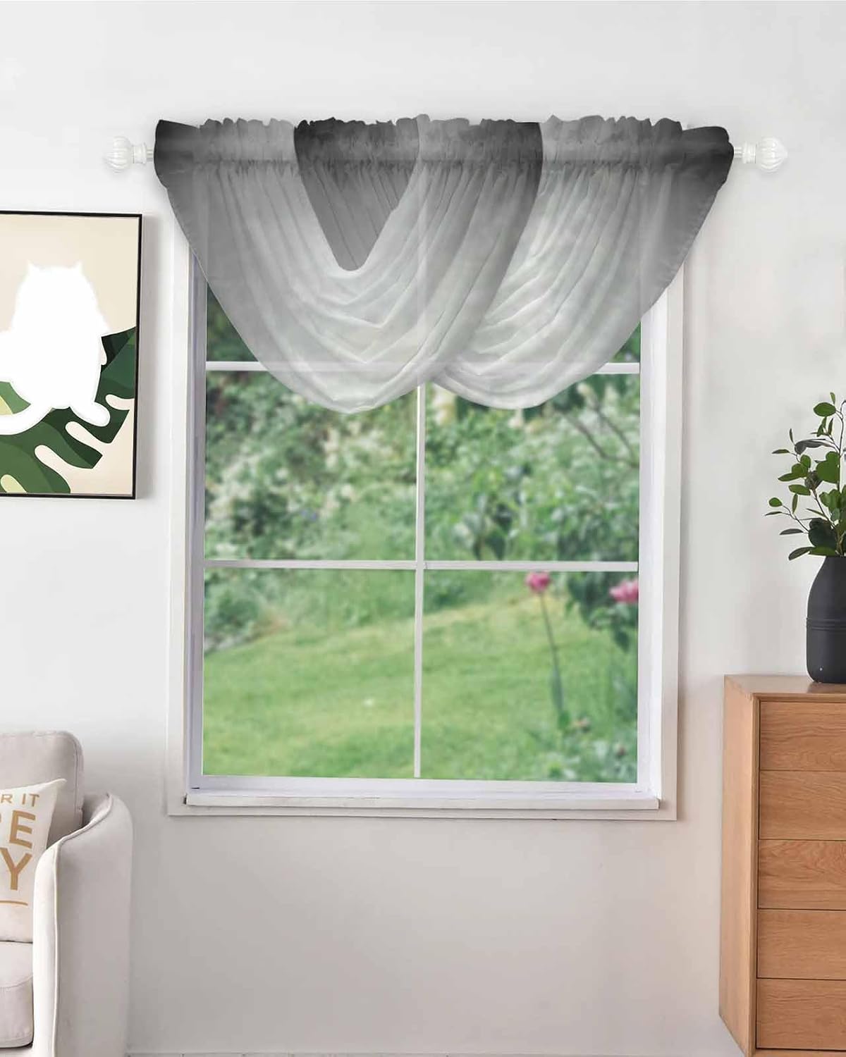 Black Ombre Waterfall Valance for Windows/Living Room/Bedroom, Black White Gradient Sheer Swag Valances Rod Pocket Curtains Abstract Modern Art Kitchen Bathroom Window Treatment 3 Panels 38.5''x47.2''