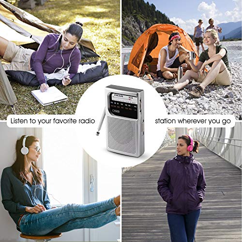 AM FM Radio with Speaker and Earphone Jack, Small Transistor Radio, Battery Operated, Best Mini Radio Antenna Reception for Emergency by MIKA (Silver)
