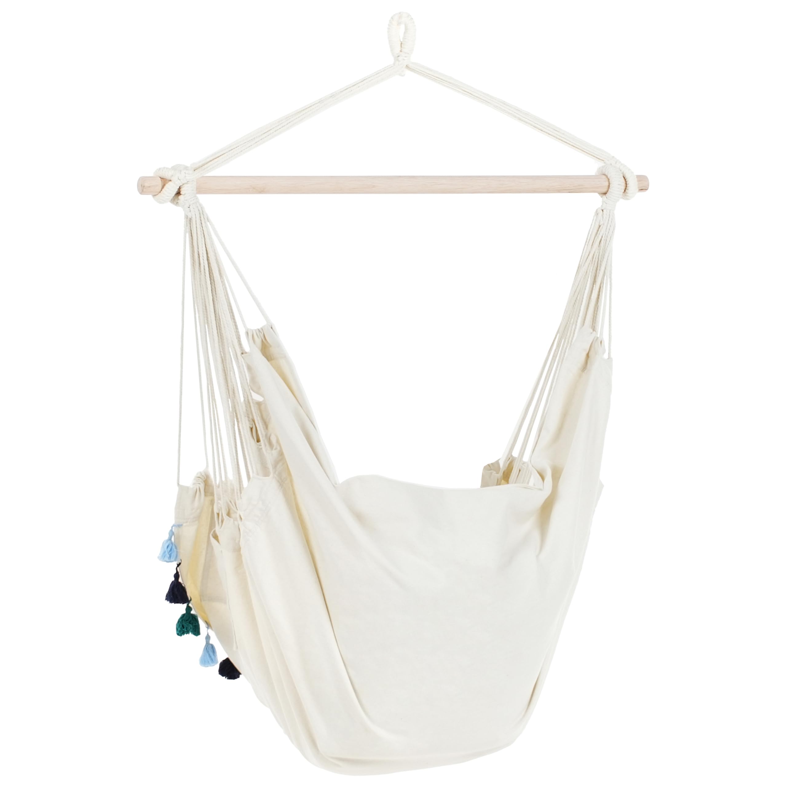 Chaise Hamac Boho Suspendu avec Coussins et Pompons en Coton Beige et Bleu Varena