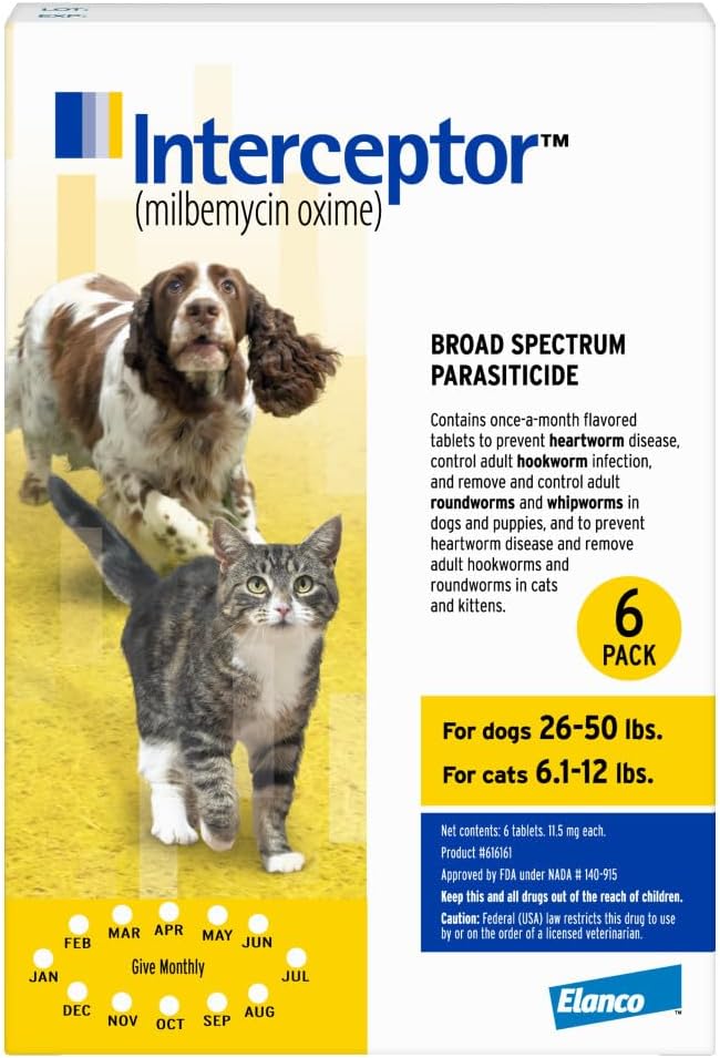Interceptor for Dogs and Cats | 26-50 lbs Dogs / 6.1-12 lbs Cats | 6-Month Supply
