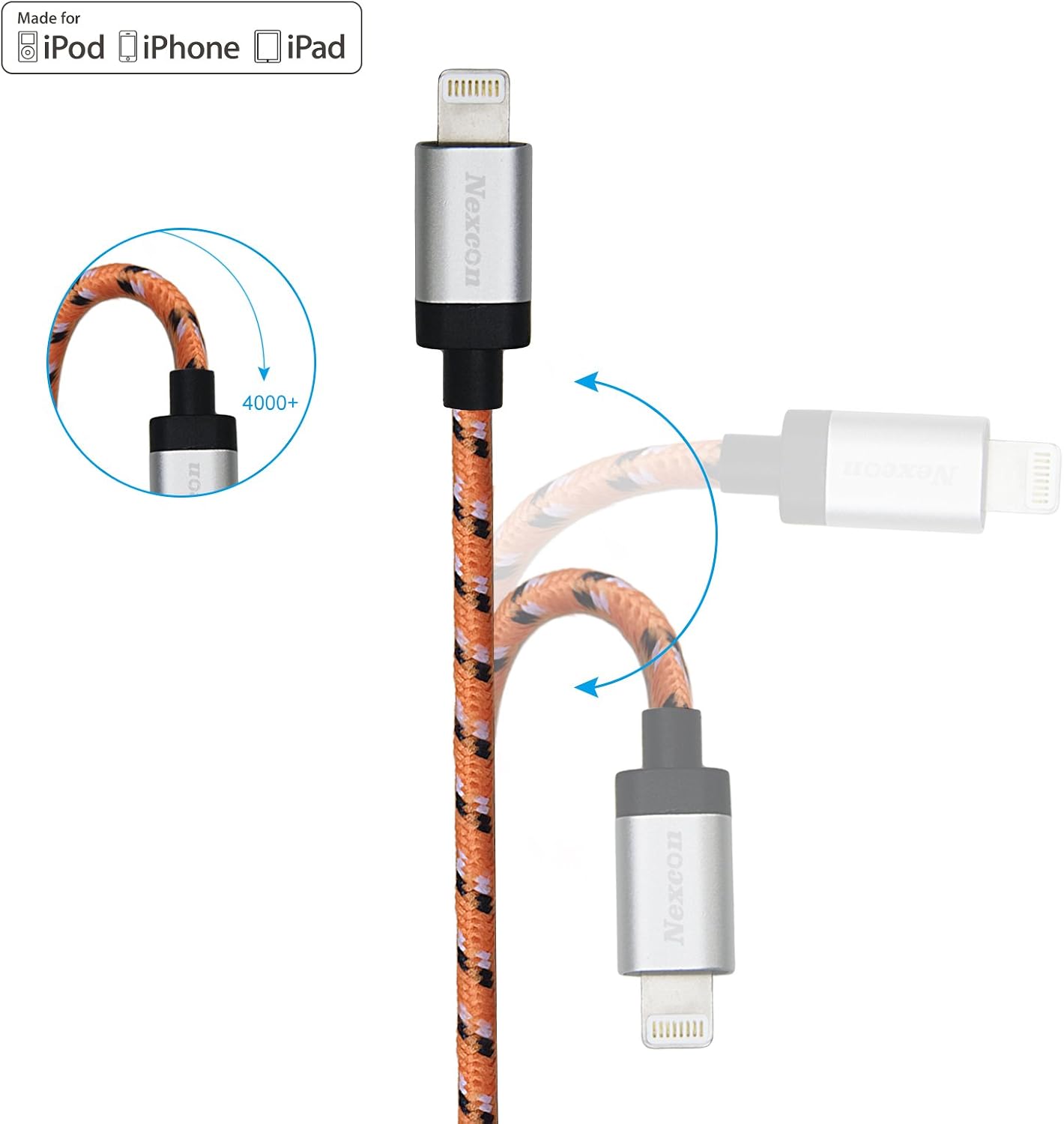 Nekteck [Apple MFi Certified] Lightning to USB Cable, Nylon Braided Charge and Sync Cord 3.3ft / 1m for Apple iPhone X/ 8 6s / 6/ Plus SE 5S iPad Pro Air 2 Mini 4/3 iPod 5 iPod Nano and More - Orange