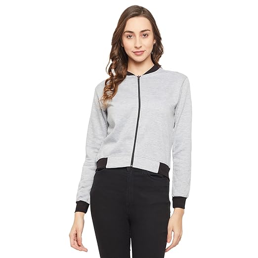 Solid Grey Melange Stylish Sweatshirt Zipper Jacket for Women (Grey Melange)