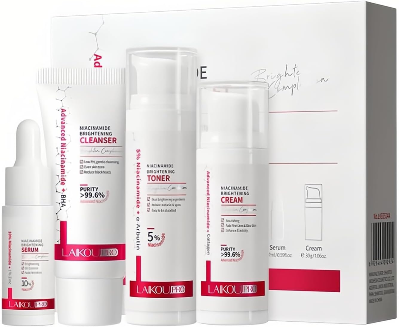 Niacinamid Gesichtspflege Set, Skin Daily Sanftes Gesichtsreinigungs & Pflege Geschenkset FüR Frauen | Reiniger, Creme, Toner, Niacinamid-Serum, Haut StäRken 4-tlg