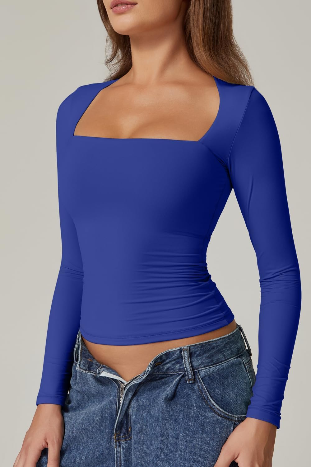 QINSEN Women's Sexy Square Neck Shirt Long Sleeve Double Lined Tees Fitted Going Out Tops - Image 3