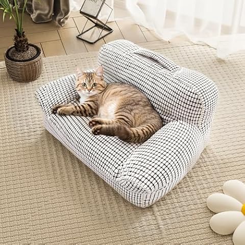Rucener Sofa Shaped Cat Bed, Bolster Sides Small dog Sofa, Modern Mini Dog Couch Bed, 28 x 20 x 15 Inch, White Lazy Sofa Bed for Puppy with Washable Cover Cover