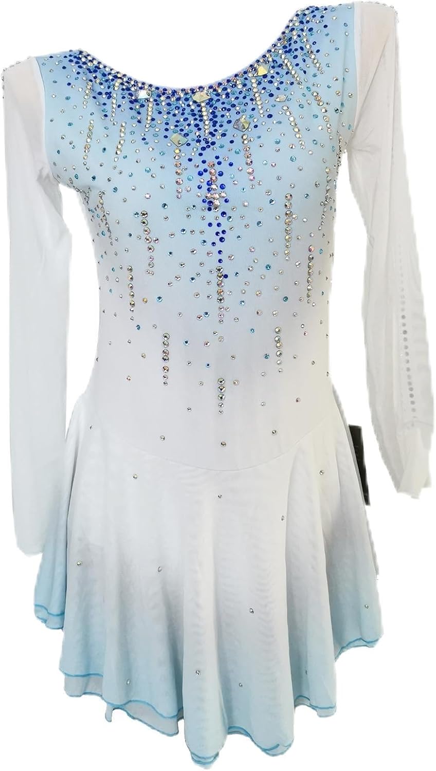 LIUHUO White Long-Sleeved Skating Dress for Figure Skating Competitions and Practice