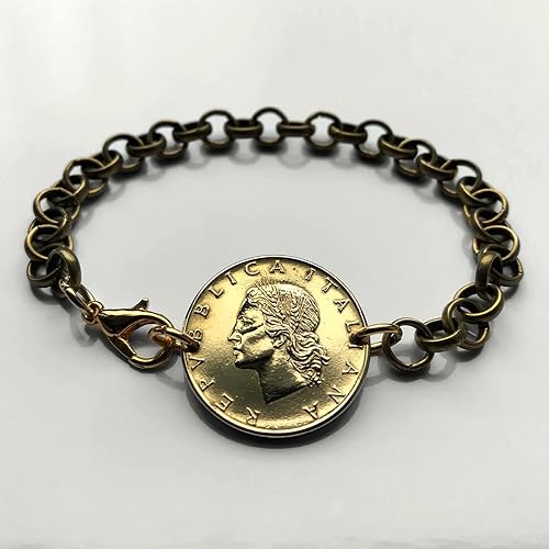 Vista 2 de 1957 Italy 20 Lire coin rolo link bracelet Italian lady Minerva Roma Florence Venice Milan Napoli Verona Torino Genoa Bologna Siena Ancona Palermo