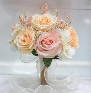 Ramo de flores artificiales, flores para novia, rosas rosadas de champán, flores de boda de seda, ramos de boda artificiales para novia con cintas para aniversario de boda en casa, B (color: D)