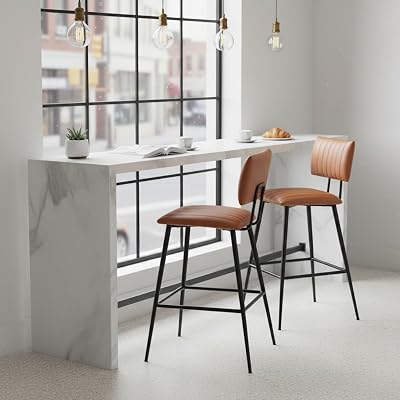 Upholstered Cold Rolled Steel Bar Stool (Brown Fabric + Black Powder Coated) - Set of 2