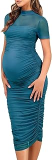 Maternity Mesh Bodycon Dress for Baby Shower Sexy Mock Neck Long Casual Pregnancy Clothes with Back Zipper
