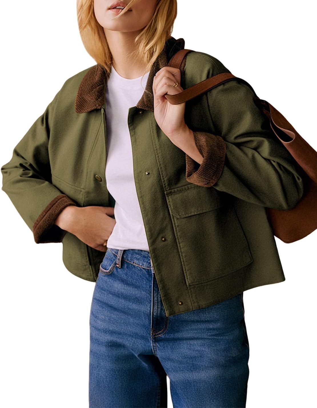 Barn Jackets for Women Casual Contrast Collar lightweight Coat Button Down Long Sleeve Outerwear with Pockets - Image 2