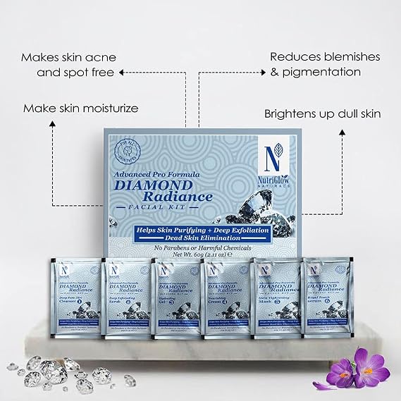 NutriGlow NATURAL'S Advanced Pro Formula Diamond Radiance Facial Kit For Make Skin Acne & Spot Free,Brightens Up Dull Skin, 60gm