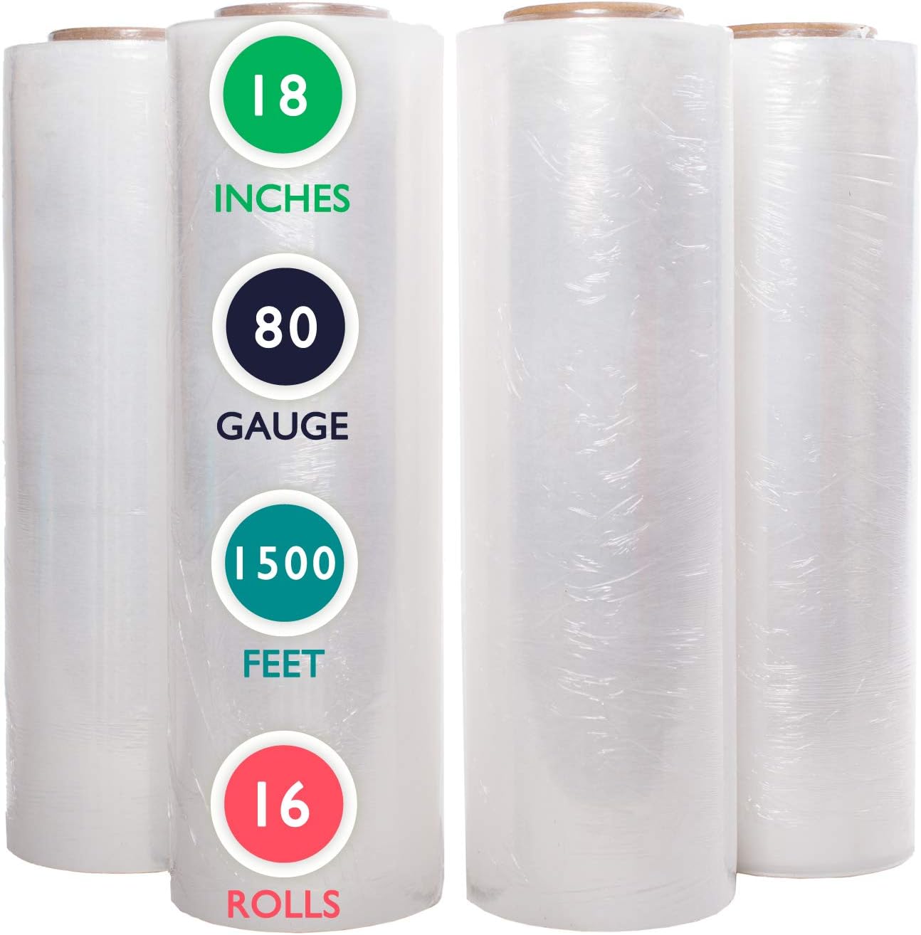 4 Rolls 18 inch x 1500 Feet Stretch Wrap 80 Gauge Heavy Duty Shrink Film, Extra Strong 18 inch Clear Hand Stretch Wrap