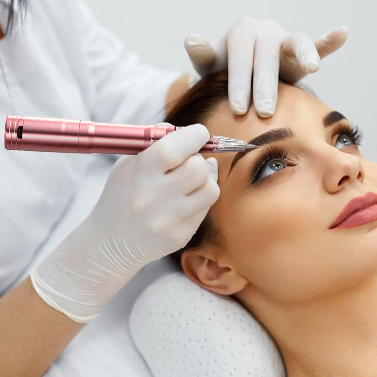 PMU Machine, Cordless Permanent Makeup Kit with 10 PMU Needles & 1 Lithium Battery, Eyebrow Tattoo Machine Microblading Pen for Eyebrows, Lips, Eyeliners - Rose Gold