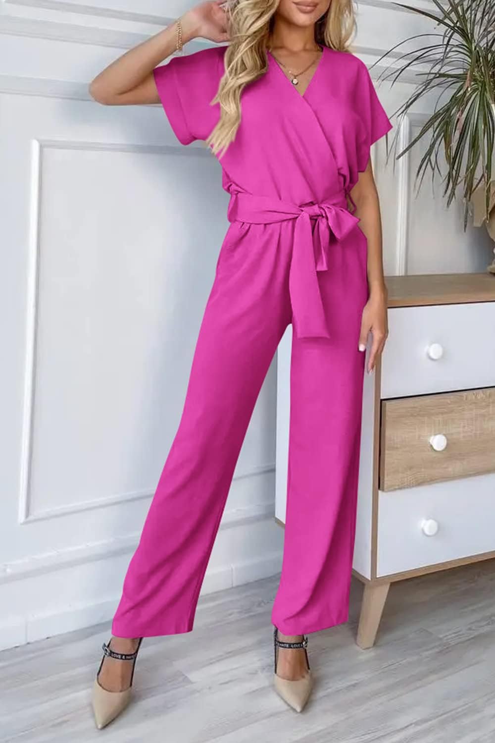 PRETTYGARDEN Women's One Piece Jumpsuits Dressy Casual Summer Short Sleeve Wrap V Neck Wide Leg Pants Romper Spring Clothes
