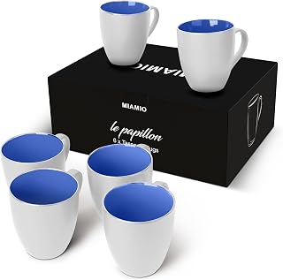 MIAMIO - 6 x 350 ml Juego de Taza de Café/Copa de desayuno - Le Papillon Colección (Blanco-Azúl)