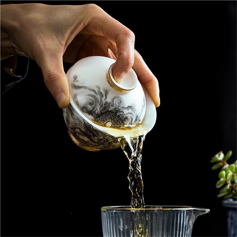 Dragon Pattern Gaiwan Tea Bowl,Gold‑Trimmed Kung Fu Tea Brewing Cup