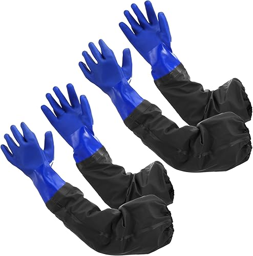 Miniatura 8 de 2 pares de guantes largos de goma impermeables, guantes de estanque, 25.2 pulgadas de longitud de hombro aislados de PVC, resistentes a productos