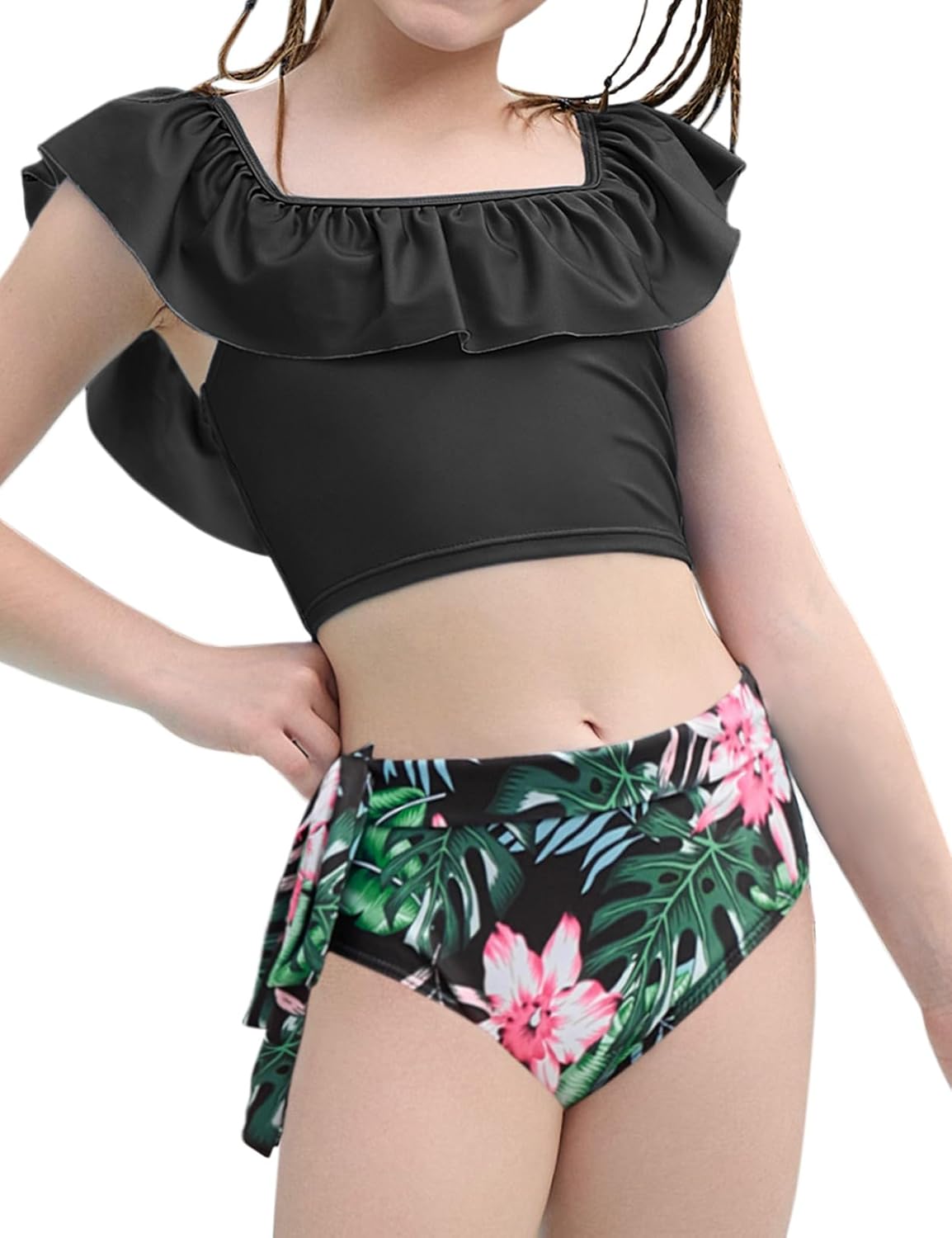 Jxstar Swimsuits for Girls 2 Piece Ruffles Neck Bikini Summer Bathing Suit with Printed Swim Shorts and Chest Pad