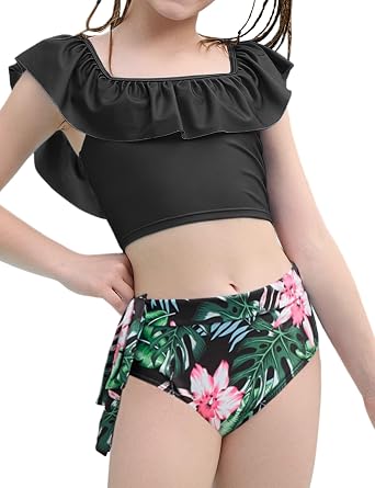 Jxstar Swimsuits for Girls 2 Piece Ruffles Neck Bikini Summer Bathing Suit with Printed Swim Shorts and Chest Pad