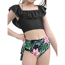 Jxstar Swimsuits for Girls 2 Piece Ruffles Neck Bikini Summer Bathing Suit with Printed Swim Shorts and Chest Pad
