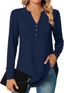 Aodemo Women's Fall Long Sleeve Tunic Tops V Neck Henley Shirts Button Up Casual Winter Sweatshirt