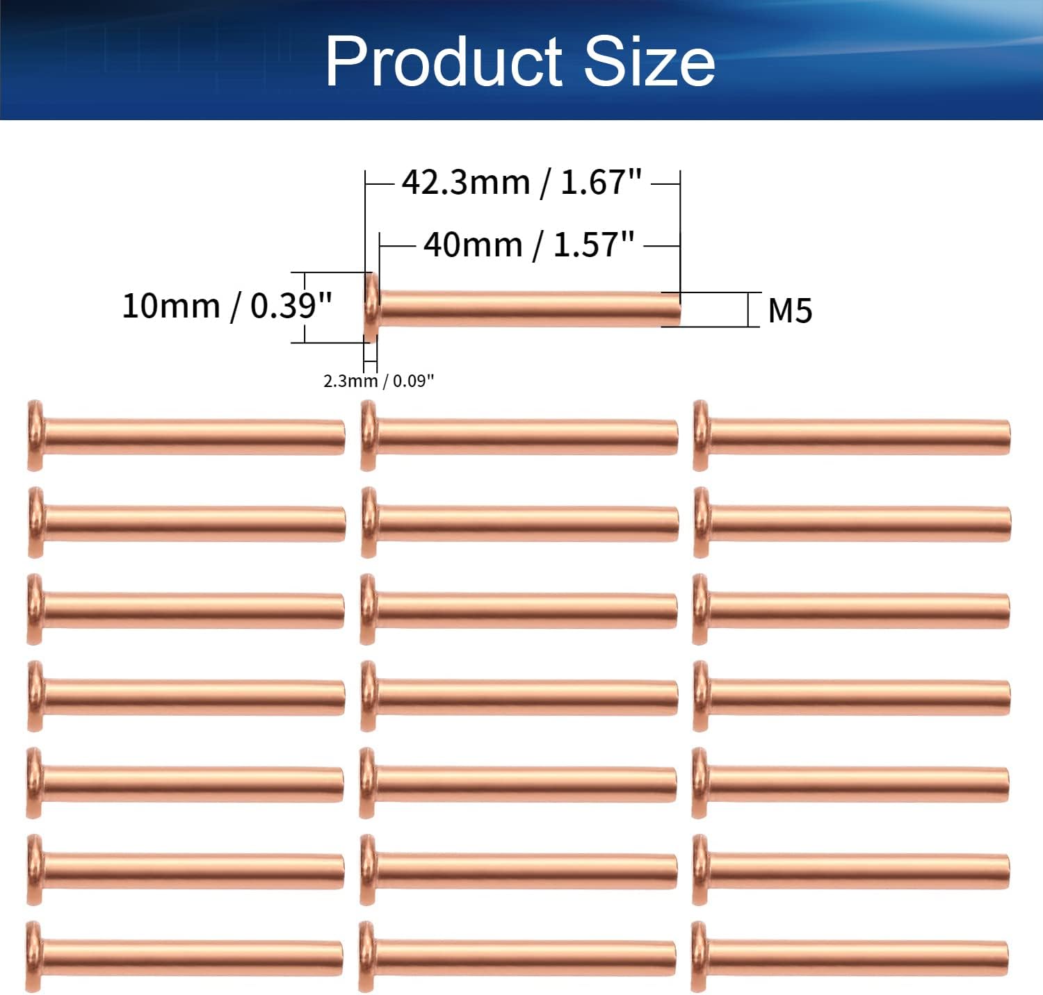 20PCS Round Flat Head Rivet 1.57" x 0.2" (Length x Outer Diameter) Copper Solid Rivets Metal Stud Fasteners Brass Tone