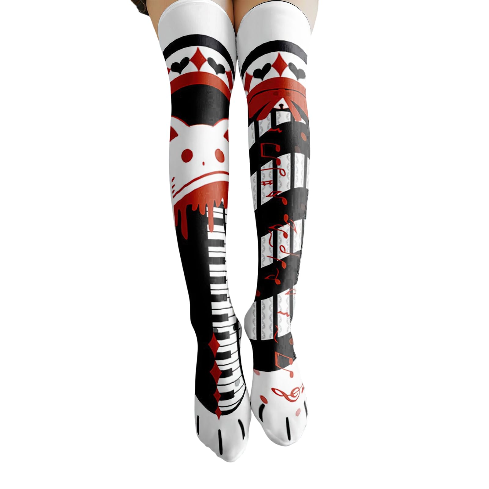 YLOIJO Lolita Thigh High Stockings Kawaii Cute Alice Wonderland Piano Rabbit Spring Summer Fall High Stockings for Halloween Women Girl Cosplay Tea Party