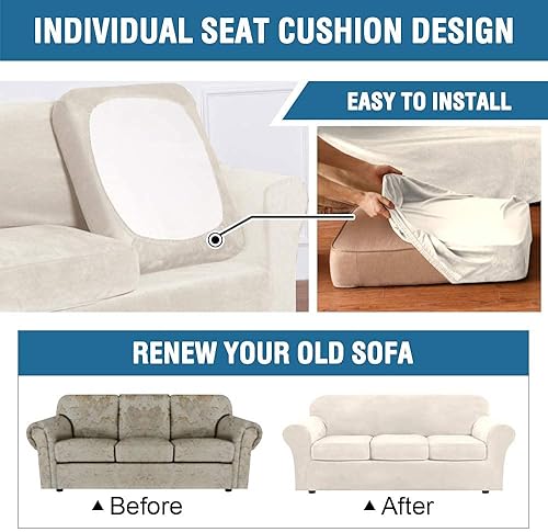 Miniatura 4 de H.VERSAILTEX Fundas elásticas de terciopelo para sofá de 3 cojines, paquete de fundas de sofá biplaza para sillón de 2 cojines, fundas para sillón