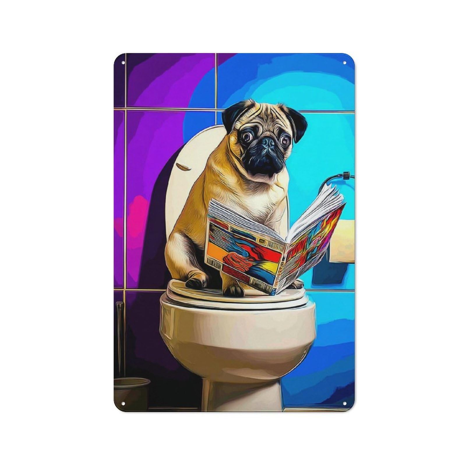 Junmoney Pug On Toilet Reading Magazine Tin Sign 30X20cm With For Living Room Wall, Rustic Decor, For Living Room Decor Lovers