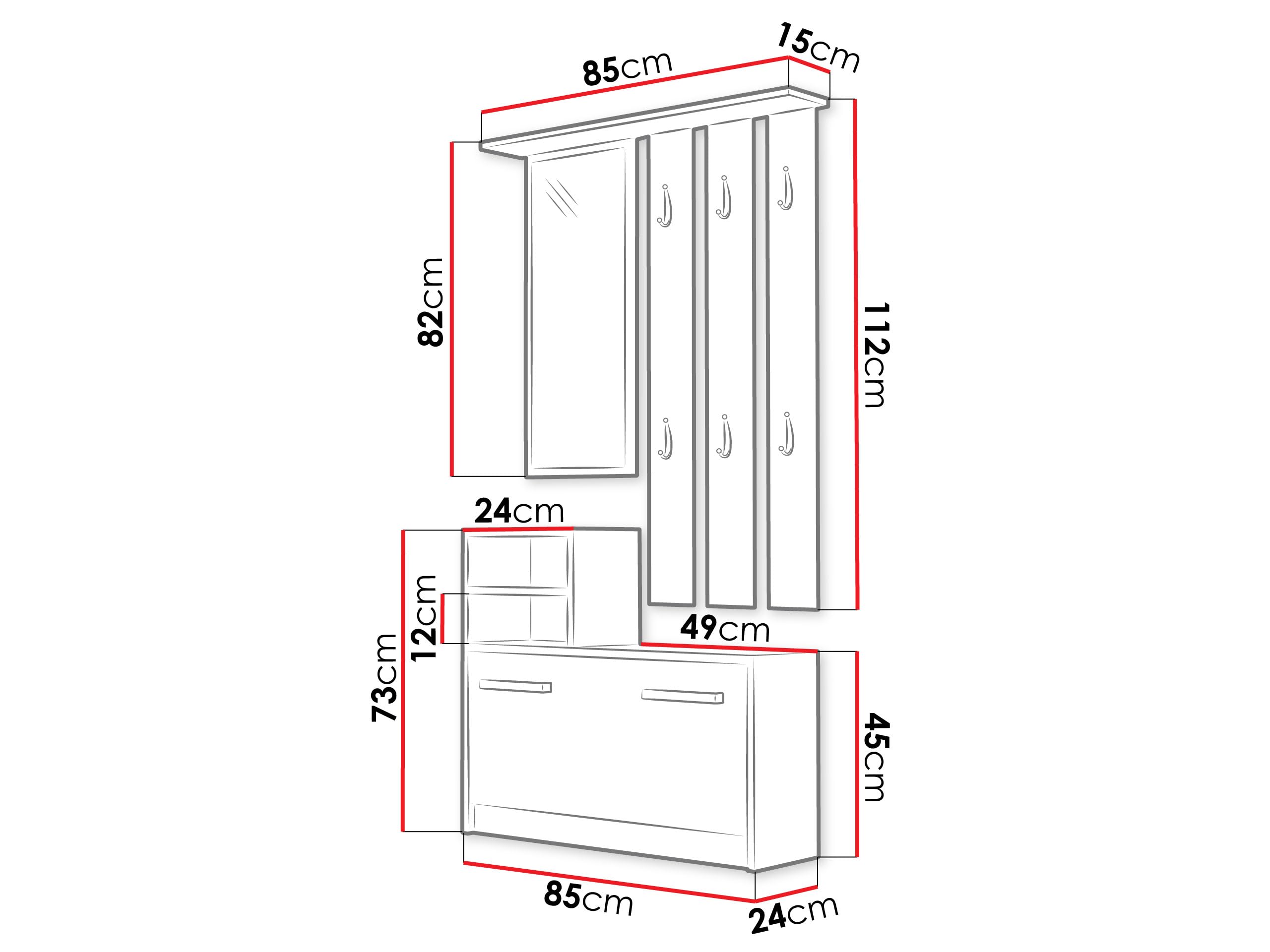 Mirjan24 Garderoben-Set Biel mit 6 Kleiderhaken, Spiegel, Schuhschrank, Farbauswahl, Wandgarderobe (Sonoma Eiche)
