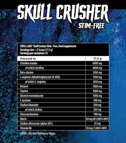 Foto von Skull Labs Skull Crusher | Pre-Workout Booster | Pulver | 350g je Behälter | ohne Koffein stimfree | Beta-Alanin L-Citrullin Taurin | Body Building Kraftsport (Exotic)