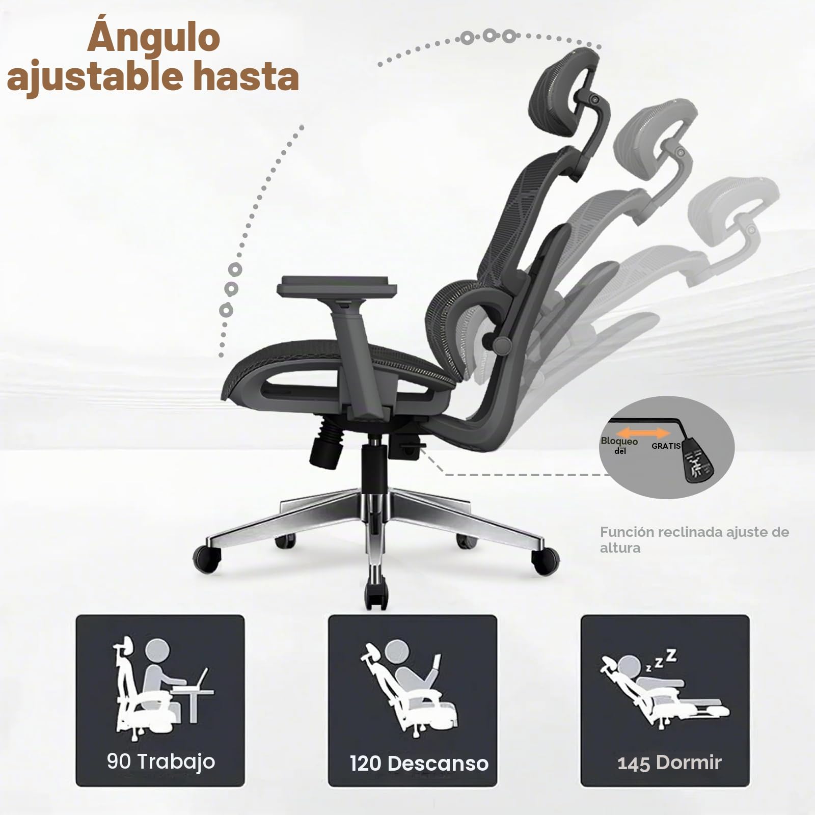 Silla de Oficina Ergonómica,Silla de Escritorio de Respaldo Alto con Soporte Lumbar 3 Niveles y Reposacabezas Ajustable,Silla de Computadora en Malla Giratoria Ajustable en Altura(Negro)