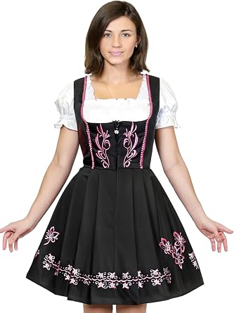 Dirndl Trachten Haus 3 Piece Short German Dirndl Dress For Oktoberfest Black & Pink