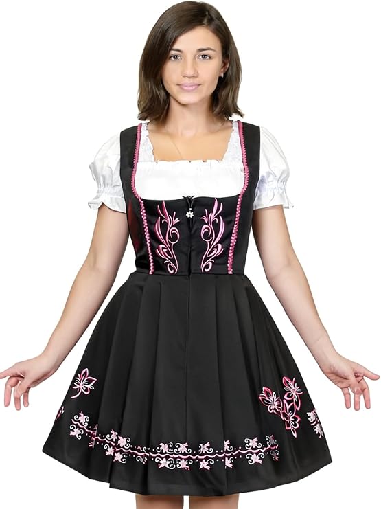 Dirndl Trachten Haus 3 Piece Short German Dirndl Dress For Oktoberfest Black & Pink