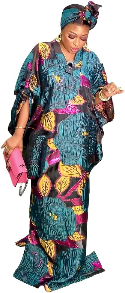 HD African Stylish Bubu Dress for Woman Floral Pattern Caftan Gown Adjustable Sleeves with Buckle