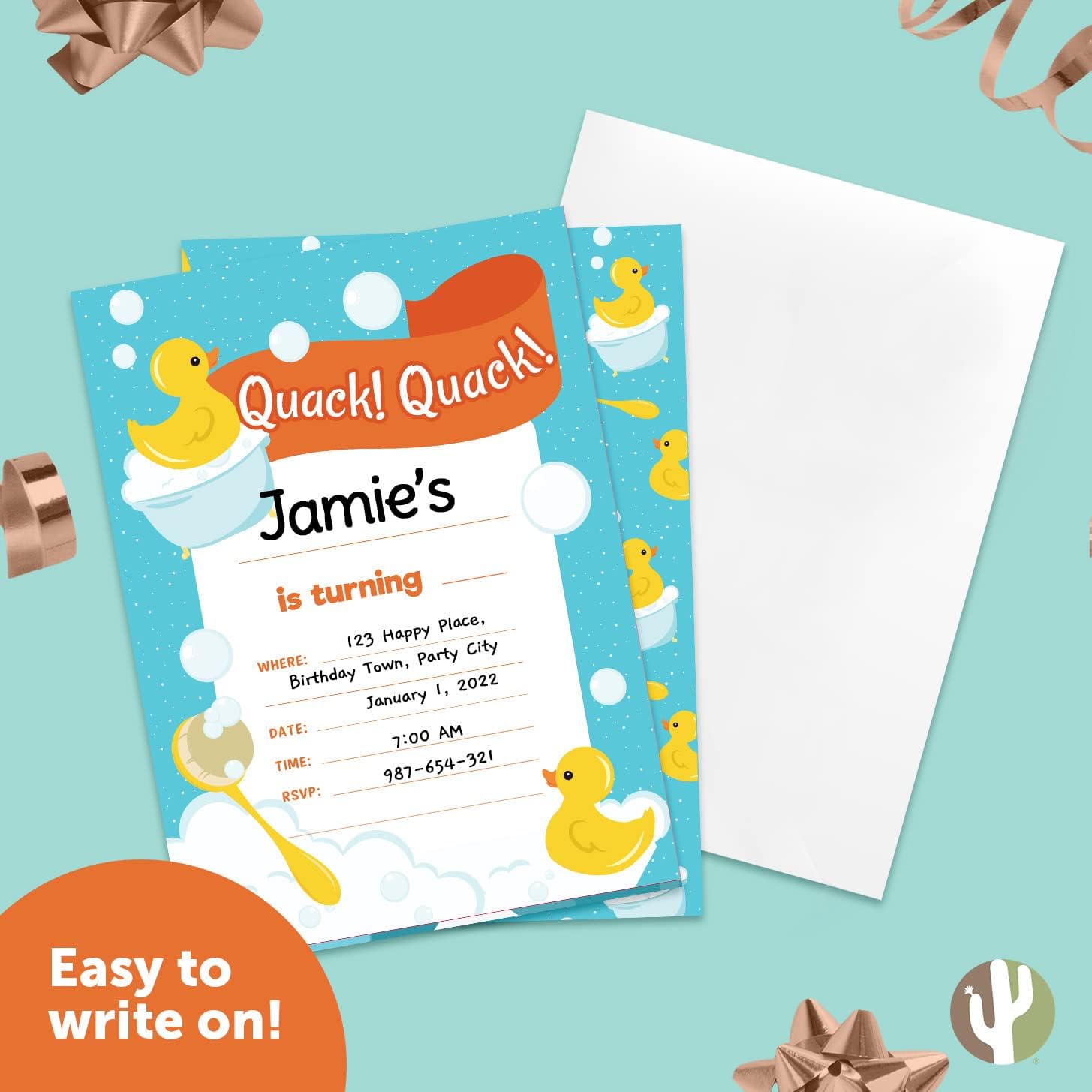 Desert Cactus Rubber Duck Style 2 Happy Birthday Invitations Invite Cards (25 Count) with Envelopes Girls Boys Kids Party (25ct)