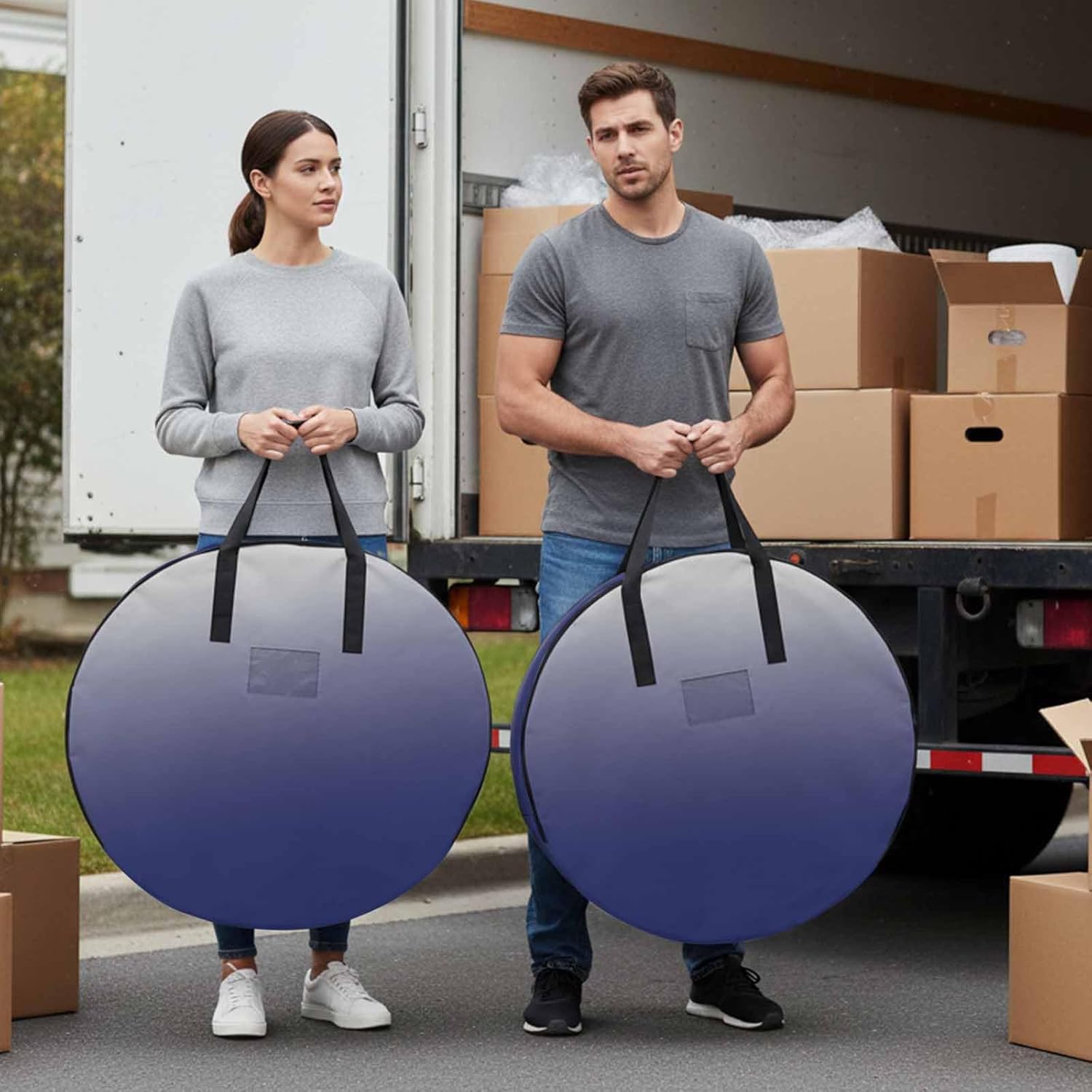 Gray Blue Round Storage Bag 36 Inch, Gradient Clothes Storage Container with Handles Heavy Duty Organizer for Comforter, Bedding & Holiday Wreaths